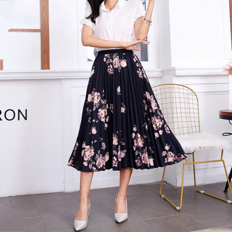 New Fashion Floral Print High Waist Elastic Streetwear Summer Skirts Women Pleated Mid-Calf Swing Party Skirt Indie Folk - Цвет: 1095-014