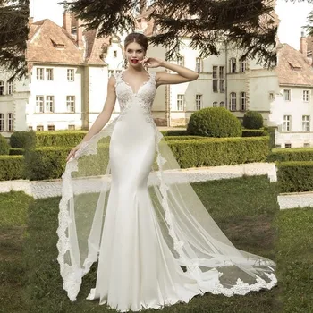 

Sexy V Neck Beach Lace Mermaid Wedding Dress Custom Made Detachable Train Vestido de noiva Backless Robe de mariage