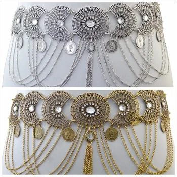 

Wholesale 2 Colors Hollow Out Waist Chains Crystal Sexy Beach Belly Belt Body Chains Link Tassel Gypsy Women Coins Body Jewelry