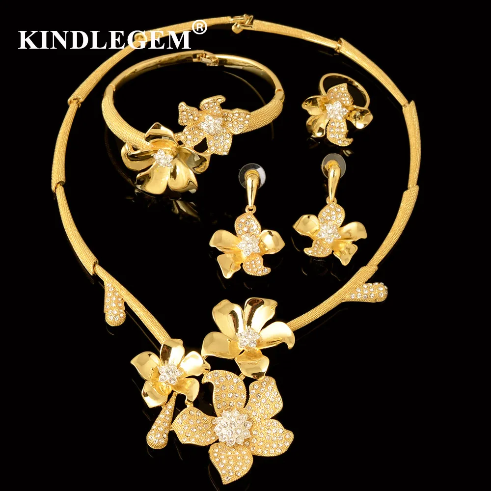 

Kindlegem Luxury Parure Bijoux Dubai Gold Flower Necklace Fashion Indian African Beads Jewelry Sets For Women Christmas Gift