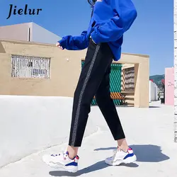 Jielur корейские повседневные брюки для женщин 2019 Мода Harajuku Хип-хоп шаровары серебряные боковые полосы брюки классические капри M-2XL