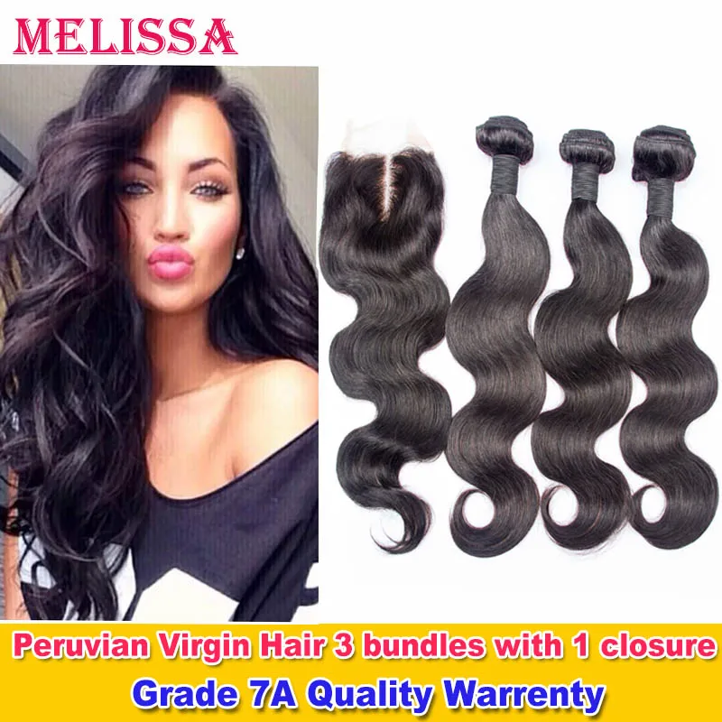 bundle 4Pcs Lot Peruvian Virgin Hair with Closure Body Wave Cheap 7A 3pcs Human Hair Bundles Peruvian Hair With Lace Closure 4x4