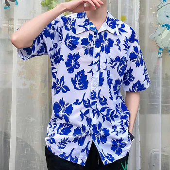 

New Fashion Spring and Summer Couple Personal Printed Short-sleeved Beach Tops Pattern Mens Summer Beach shirts
