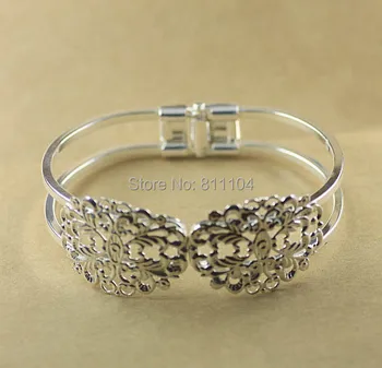

New Silver Plated Brass Blank Bases Filigree Hollow Flower cuff Bracelet Bangle Settings Findings Wholesale