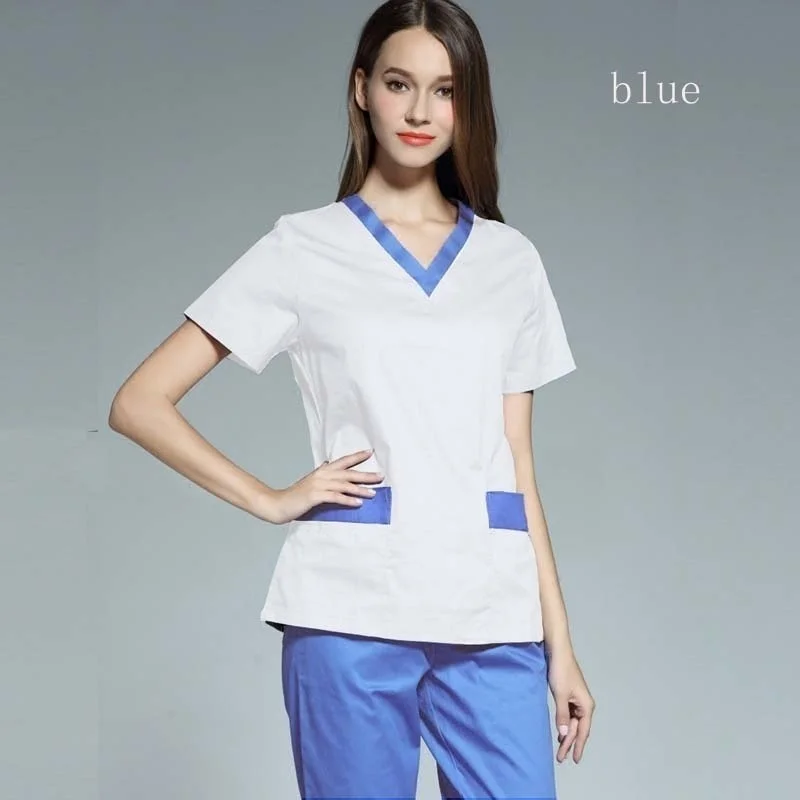 Женская мода скрабы набор цветная Блокировка медицинская Униформа медицинский Para Mujer V шеи топ+ брюки спецодежда хлопок - Цвет: blue set