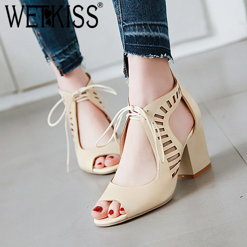 

WETKISS Thick High Heels Sandals Women Peep Toe Footwear Pu Sandals Female Cutout Gladiator Shoes Woman Summer Plus Size 34-48