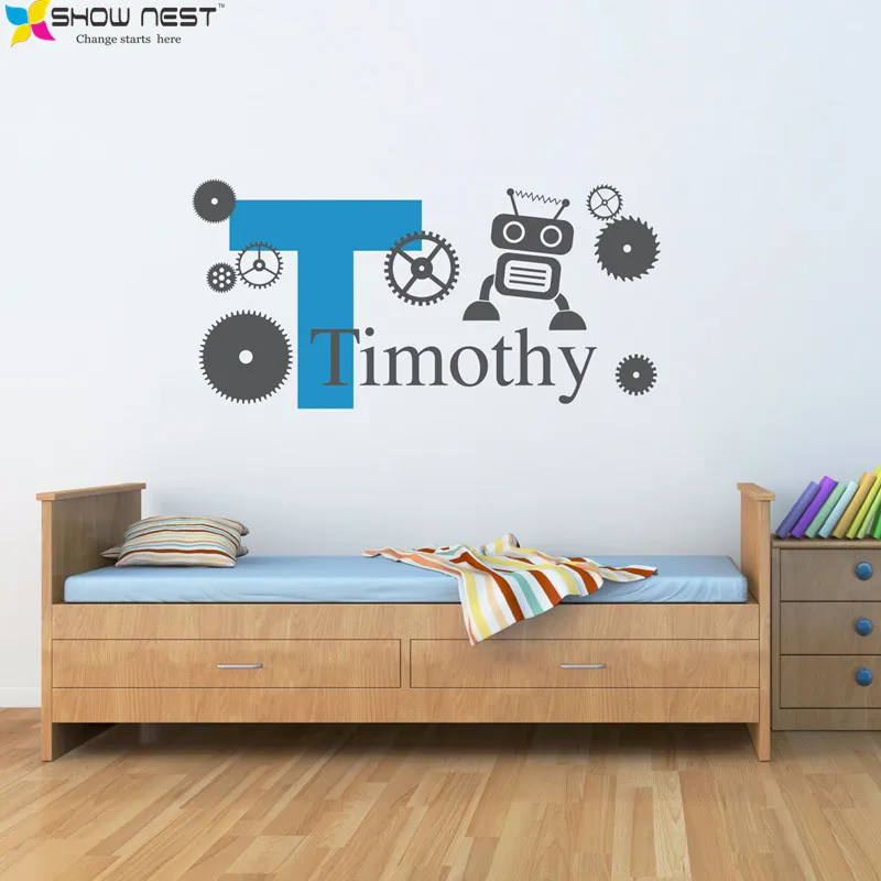 Custom Boys Name Wall Decal with Initial, Robot & Gears Personalized