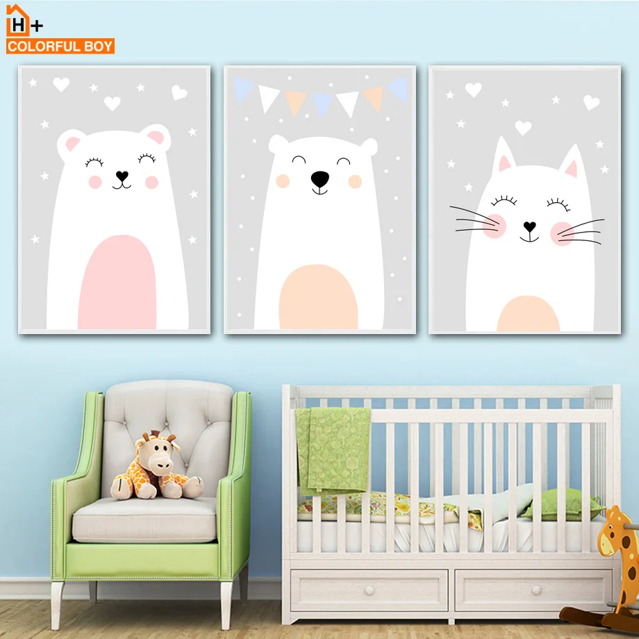 

COLORFULBOY Bear Cat Wall Art Canvas Painting Posters And Prints Cartoon Animal Wall Pictures Nordic Style Kids Room Decoration