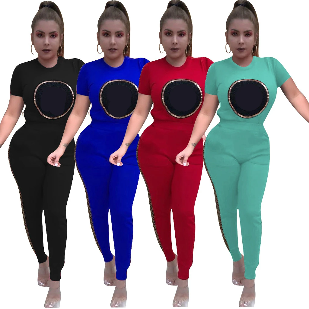 

S-XXL Plus Size Summer Women Sport 2 Piece Set Luxury F Letter Short Pullover and Knitted Long Pant Women's Casual Two Piece Set