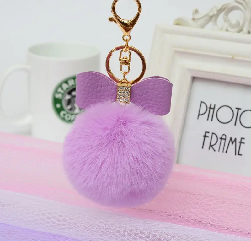 Корейская версия креативного кролика Рекс волос мяч Кристалл PU лук меховой мешок кулон волосы мяч мода автомобиль брелок Llavero помпон - Цвет: Light Purple
