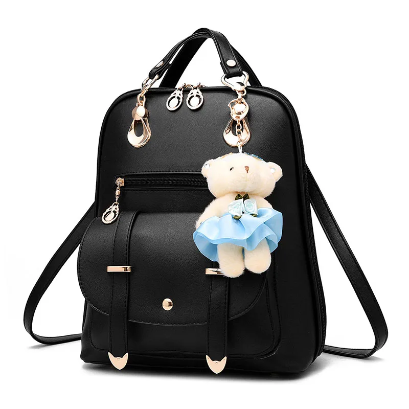 Женский рюкзак, женские кожаные сумки, школьные рюкзаки для девочек-подростков, подвеска в виде медведя, милый мешок, сумка для девушек, простой женский рюкзак - Цвет: Черный