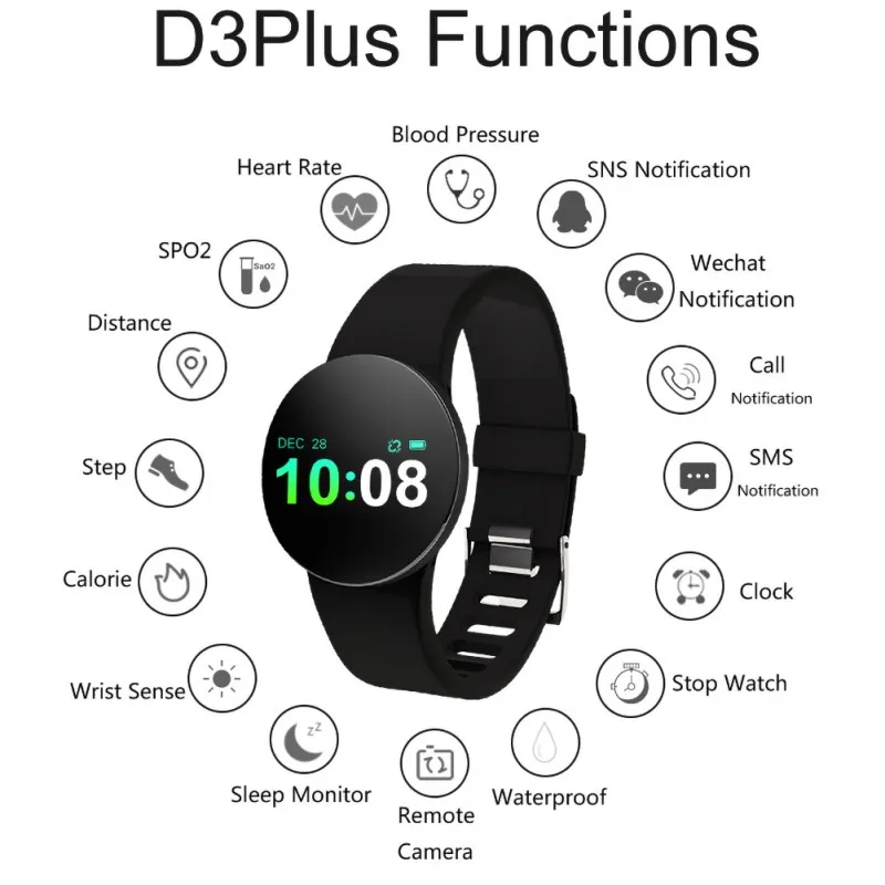 

D3 Plus Waterproof Sports Smart Bracelet Heart Rate Blood Pressure Blood Oxygen Monitor Smart Wristband For Android Phone