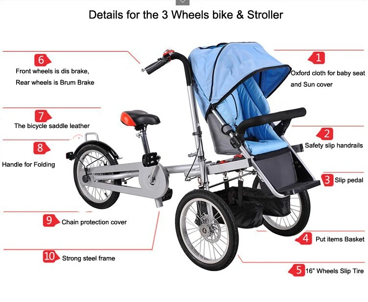 Hot Brand Folding Bike 3 Wheels Bicycle 16" Mother Baby Stroller Bike Carrier Bicycle Carrinho Baby Stroller 3 in 1