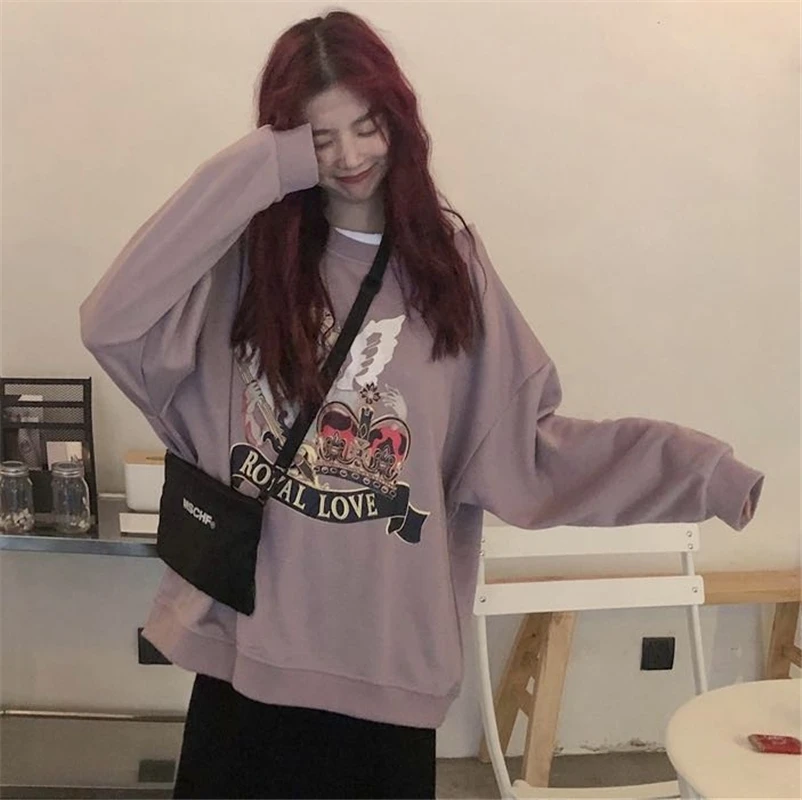Harajuku Толстовка Женский поддельный топ из двух частей каваи Ангел корона печати свободный Графический эстетический пуловер для милой девушки осень