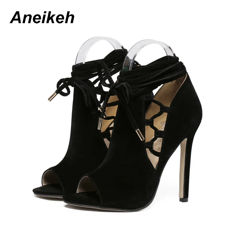 

Aneikeh Concise Flock Thin High Heel Boots Sandals Lace-Up Hollow out Ladies Sexy Solid Open Round Toe Shallow Boots Black 35-40