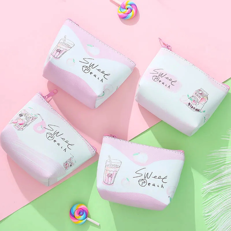 Cute Pink Sweet Peach Students Coin Purse Children PU Leather Zipper Change Purse Women Mini Wallet Fruit Key Card Bag Kids Gift