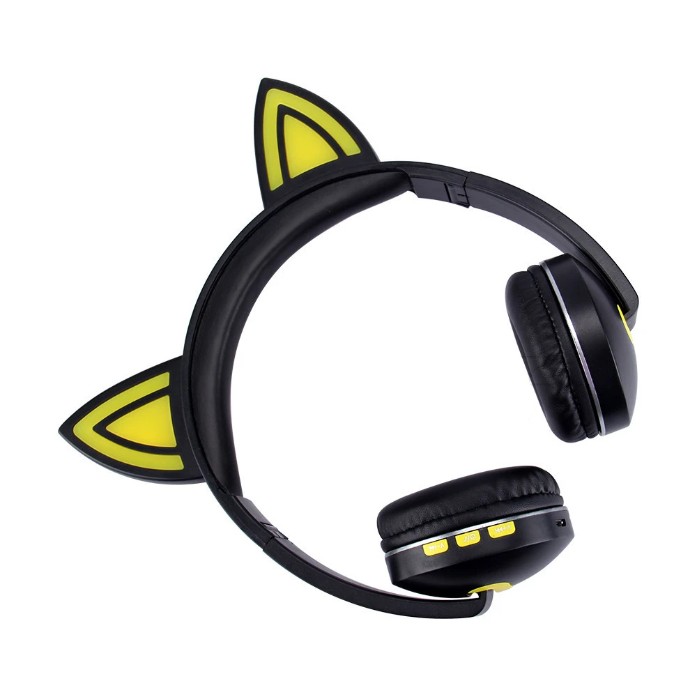 Cue Cat LED Foldable Bluetooth Headphone Wireless Headset Headband Stereo Earphone with Mic for Mobile Phone PC Gift Girls Kids