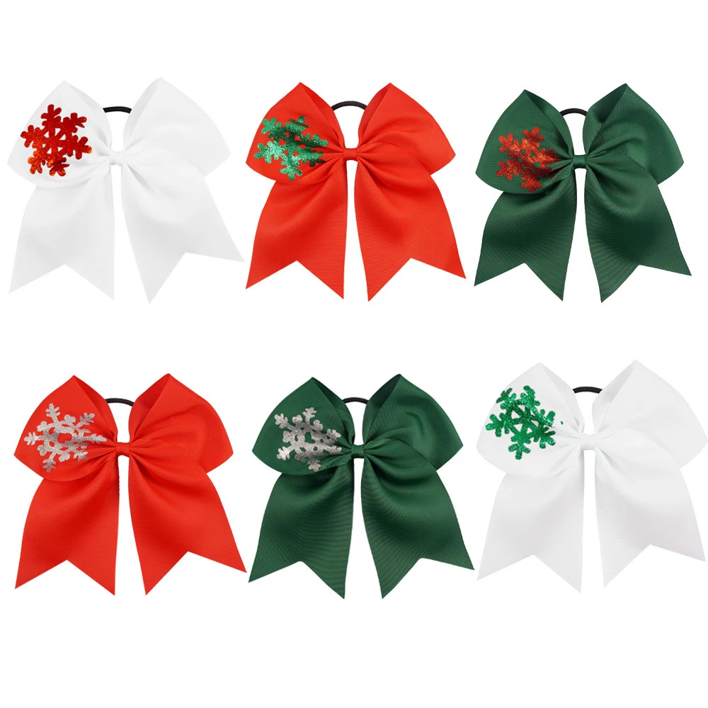 7 дюймов с принтом Bling Snow Cheer банты рождественские однотонные красные зеленые банты для волос с эластичным конским хвостом для девочек DIY аксессуары для волос