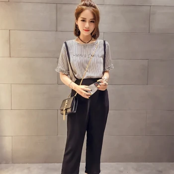 

Womens Black Wide Leg Strap Pants + Short Sleeve Loose Polyester T-Shirts 2PCS Set