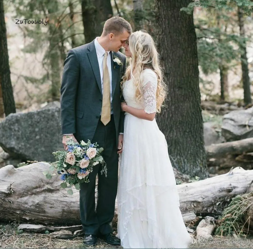 

Rustic Boho Wedding Dress Forests 2019 With Half Sleeves Modest A Line V Neck Full Length Lace Summer Beach Wedding Gowns Chic