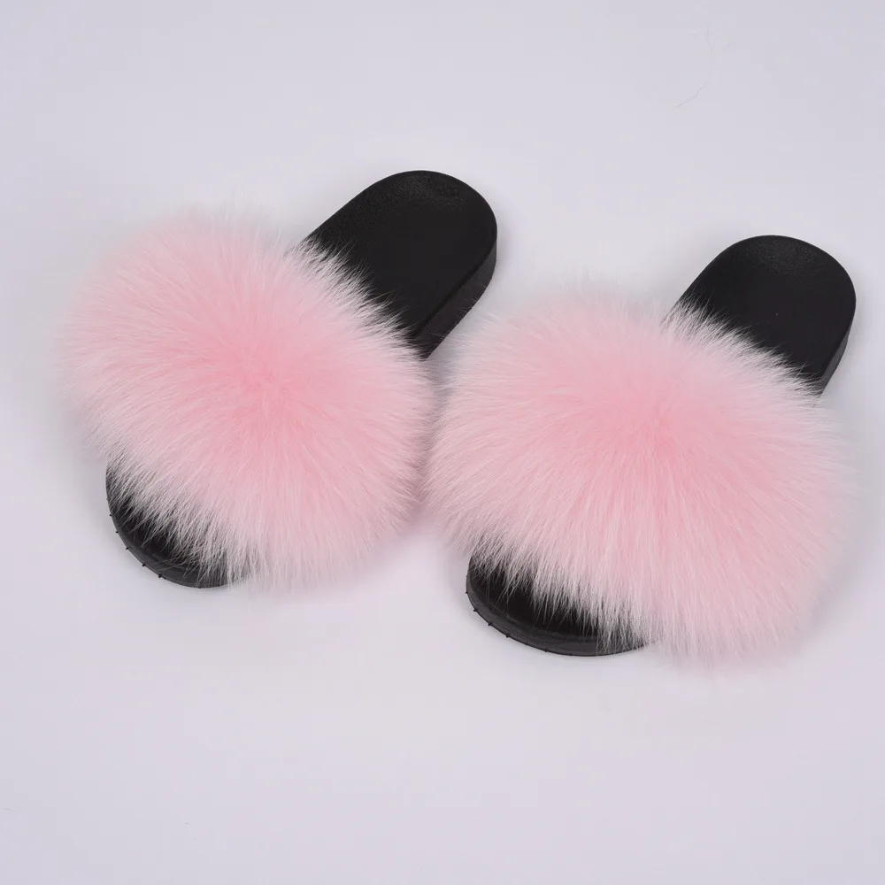 25 цветов лисий мех шлепанцы для волос пушистый натуральный мех ползунки пушистые летние пляжные сандалии обувь для женщин домашняя уличная S6018S - Цвет: Baby Pink