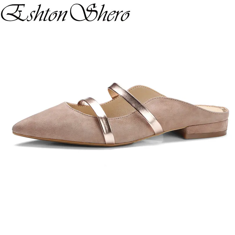 

EshtonShero Women Shoes Woman Slippers Flat Heels Leather+PU Spring Pointed Toe Slingback White Ladies Wedding Shoes Size 34-39