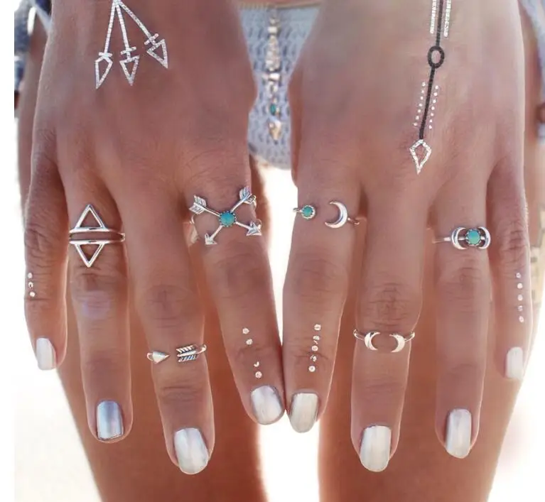 

6PCS Cool Vintage Turkish Beach Punk Moon Arrow Ring Set Ethnic Carved Silver Color Boho Midi Finger Ring Knuckle Charm anelli