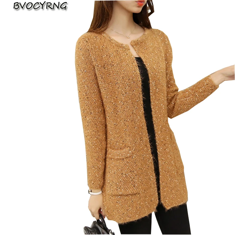 

New Spring Autumn 2017 Korean Women Medium Long Loose Elegant Knit Coat High-end Round Collar Long Sleeve Warm Sweater Q560