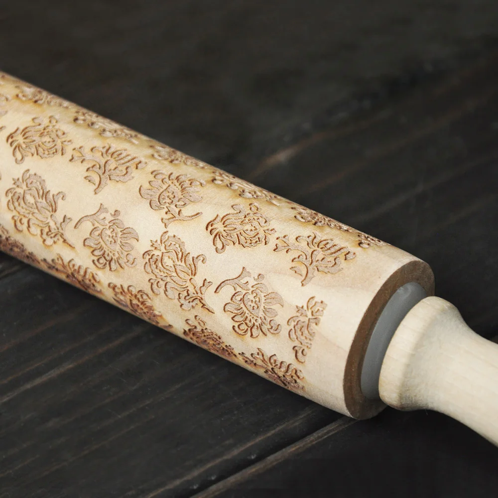 Wooden Rolling Pin, FLOWERS pattern Embossing Rolling Pin, Rolling pin