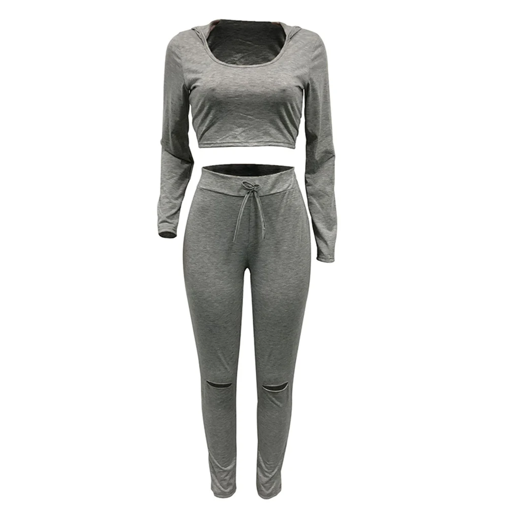Crew Neck +long Pants Casual Sports Crop Top Long Sleeve Two-piece Suit Trousers Blouses Slim |