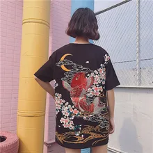 Японская Летняя женская футболка Харадзюку, Повседневная Популярная футболка с рисунком карпа и Луны, футболка с коротким рукавом