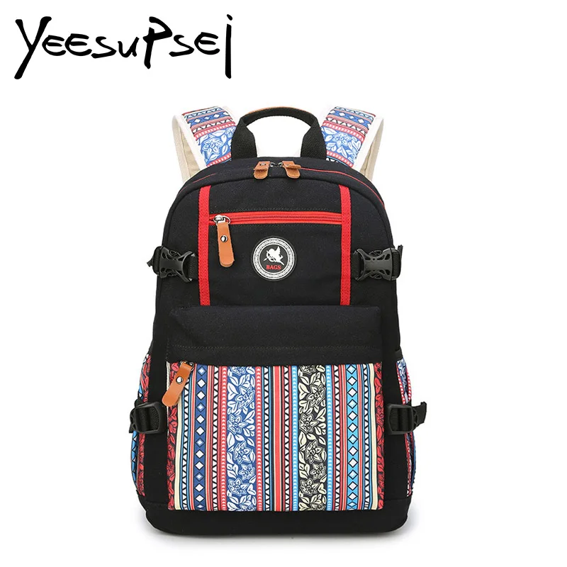 

YeeSupSei School Bag Waterproof Canvas Backpack National Stripe Rose Floral Pattern Circular Plastic logo Large Mochila Rucksack