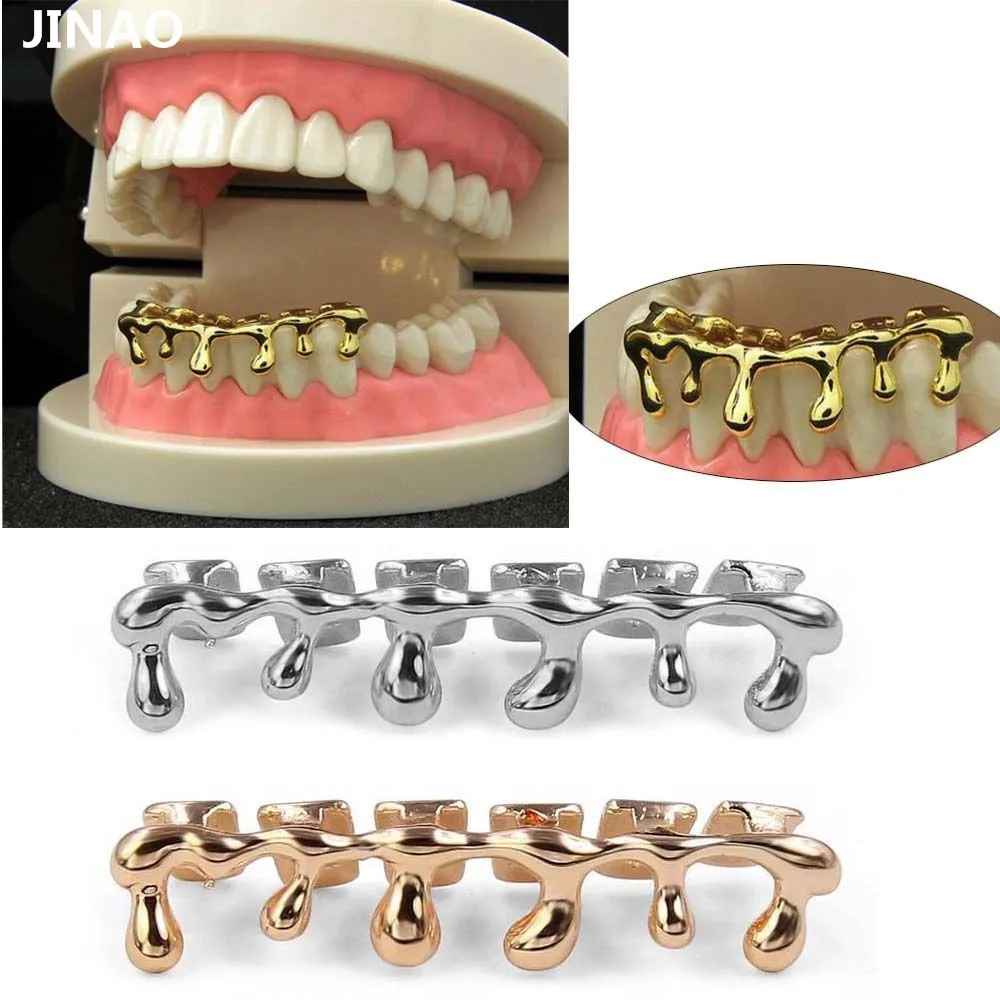 

JINAO New Custom Fit Gold Color Rose Plated Hip Hop Teeth Drip Grillz Caps Lower Bottom Grill Silver Grills