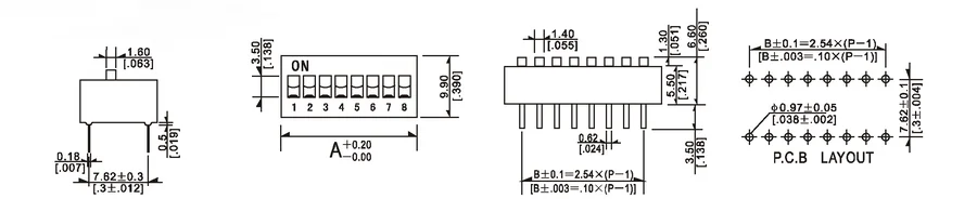(100 шт./лот) 4 способ DIP-переключатель, 4 позиции 8 pin печатного монтажа