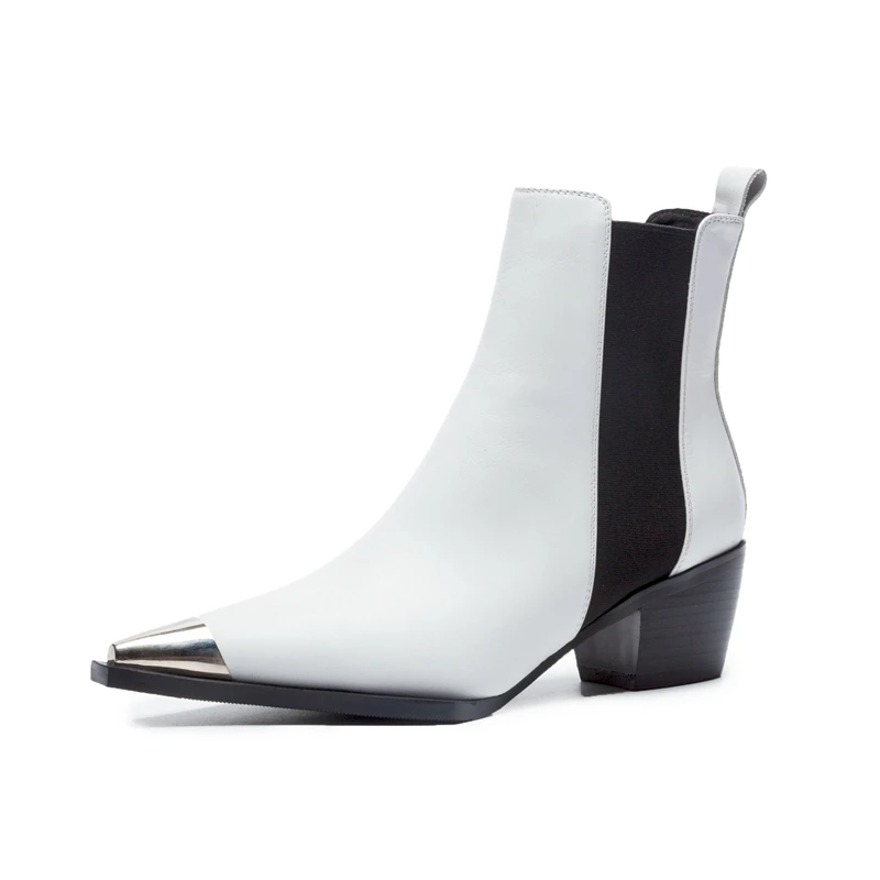 Сезон весна-осень; Классический дизайн; цвет черный, белый; кожаные ботинки «Челси» с острым носком на квадратном каблуке; удобная женская обувь на квадратном каблуке - Цвет: Белый