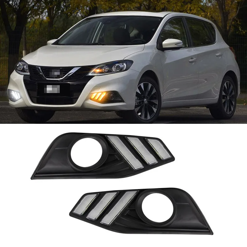 For Nissan Tiida 2016 2pcs LED DRL Daytime Running Lights with Yellow Turning Signal