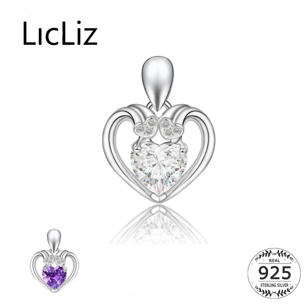 

LicLiz 925 Sterling Silver Heart Pendant for Women CZ Crystal DIY Necklace Pendant Heart Purple Zircon White Gold Jewelry LP0262