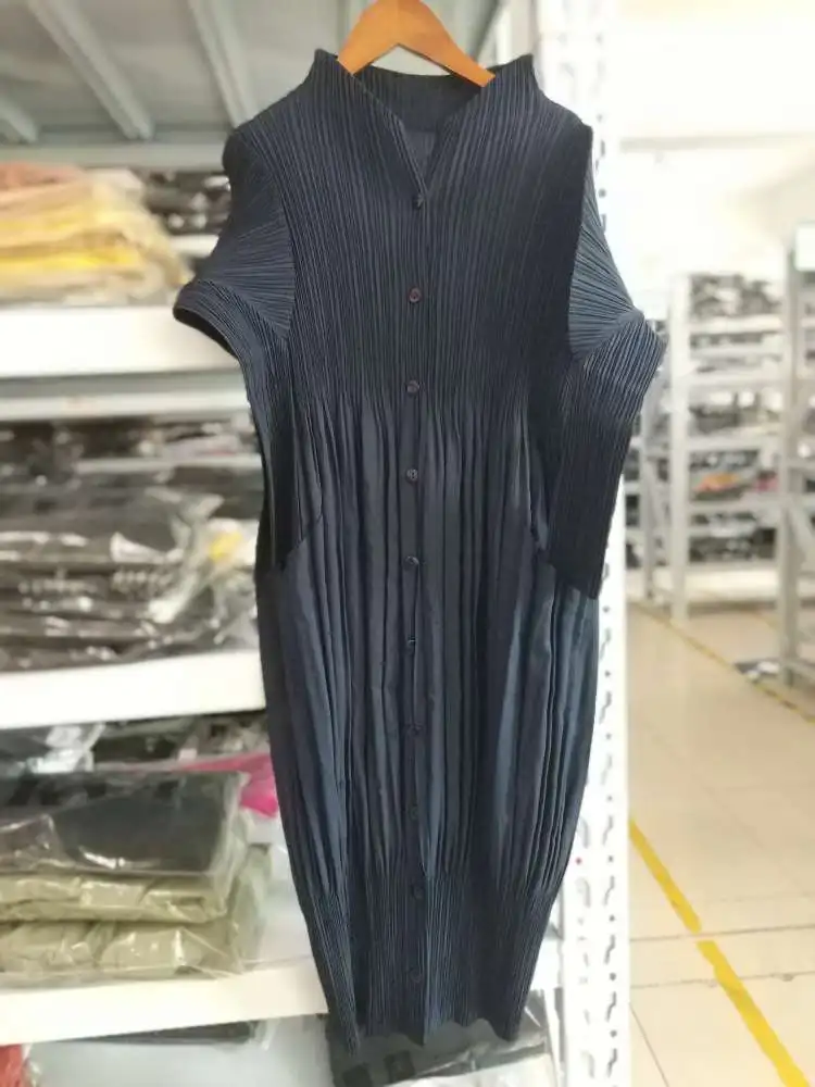 LANMREM, высокое качество, новая плиссированная одежда для женщин, длинный рукав, стоячий воротник, двойные карманы, свободное платье, Vestido YF576