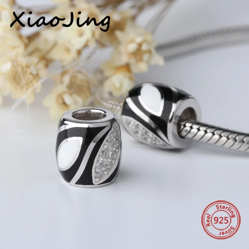 

High polish 925 Sterling Silver black&white charms with CZ vintage Beads Fit European Bracelets diy Jewelry making for Gifts