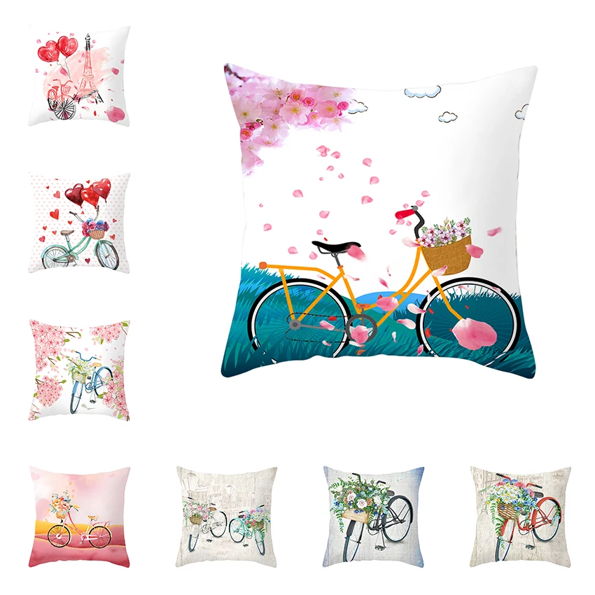 

45*45cm Home Decor Cushion Cover Modern Simple Pink Bicycle Decorative Pillow Cover Washable Polyester Sofa Seat Car Pillowcase