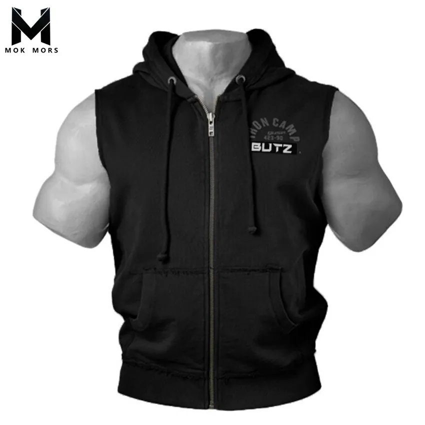 

2019 Cross-border Spring And Summer Men's Sleeveless Hooded Men Hoodie Fashion Brand Fitness Exercise Large Size Mens Hoodies