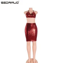 Sedrinuo Summer Style Sexy V neck Lace Up Ladies Dress Backless Club Party Dresses Prom Red Sequin Clothing Women Sets