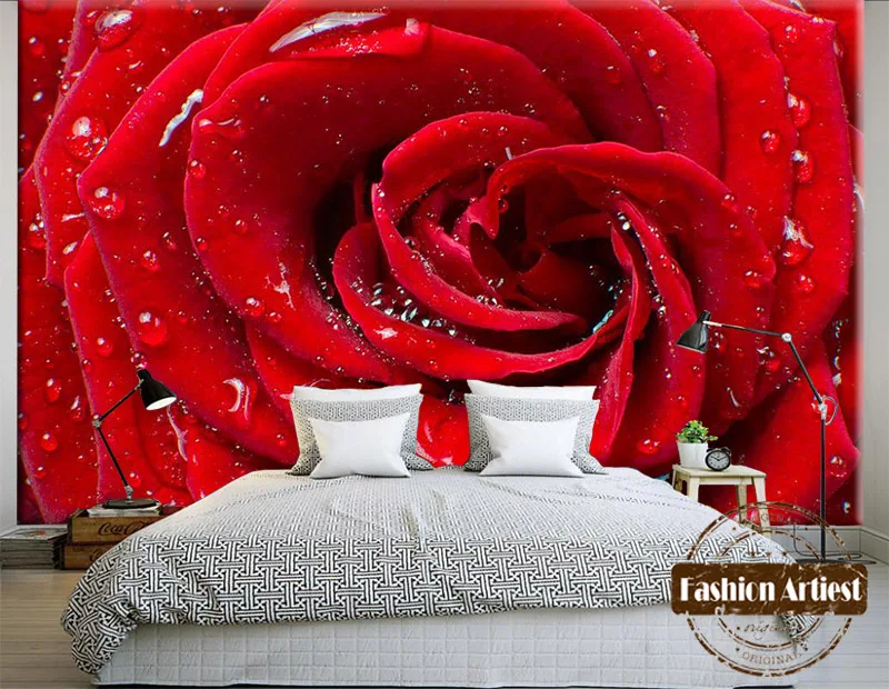 Custom 3d floral wallpaper mural red rose blossom with water drop tv