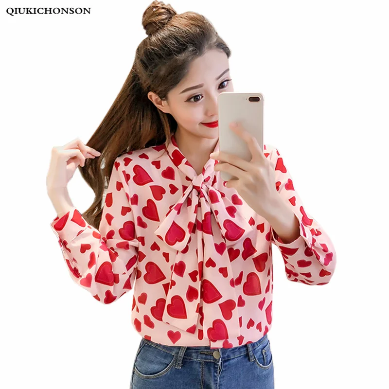 

Spring Summer Long Sleeve Blouse Women Korean Fashion Elegant Bow Collar Kawaii Heart Print Chiffon Shirt Pink Ladies Tops