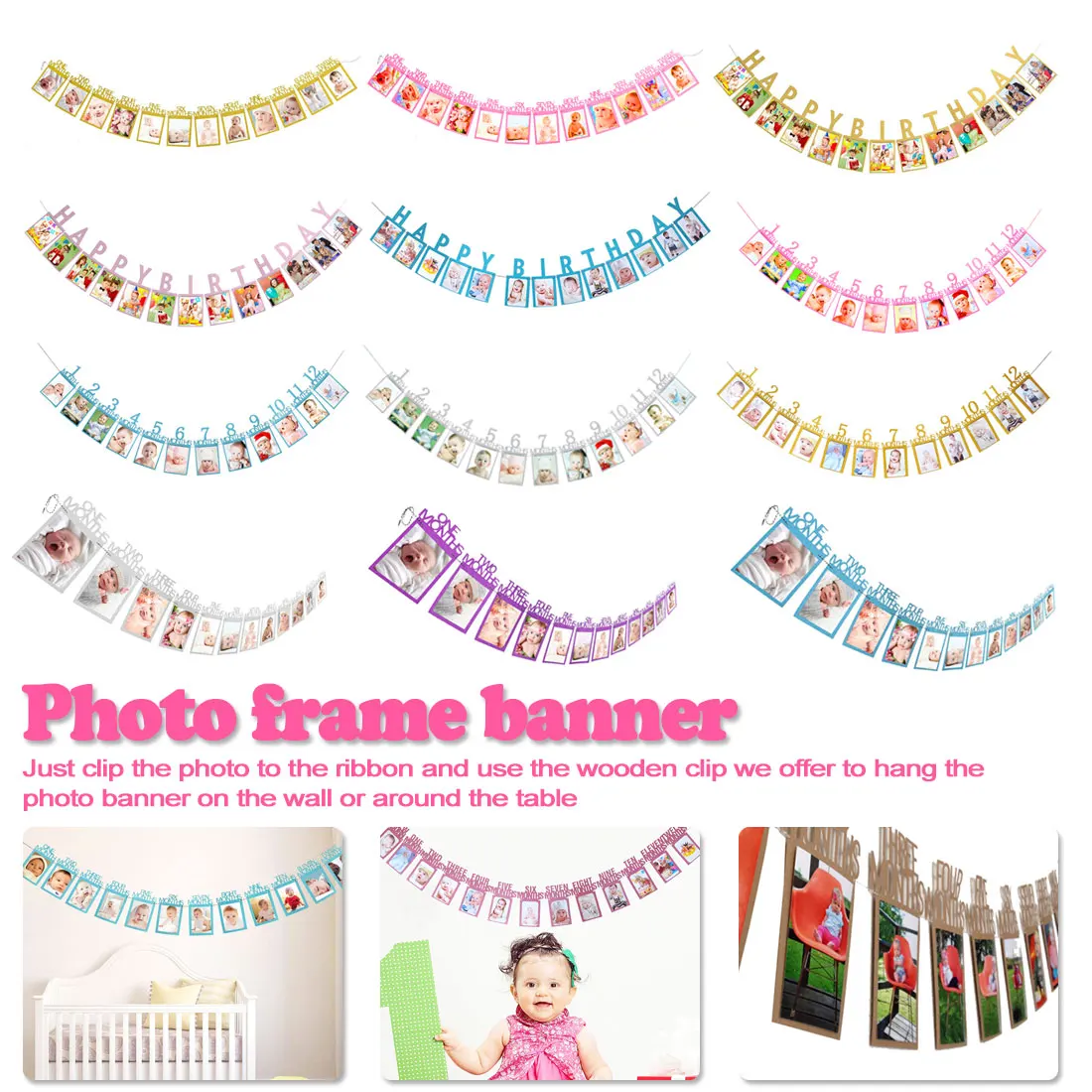 

Happy Birthday Decorations 12 Months Photo Frame Banner First 1st Baby Boy Girl My 1 One Year Party Supplies Gold Pink Silver