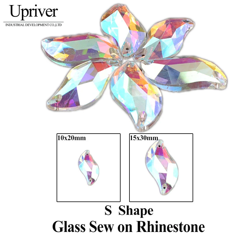 

Upriver "S" Shape Clear Crystal 50pcs/lot 2 Holes Crystal AB All Size Sew On Silver Base Rhinestones For DIY Garment Dress Bag