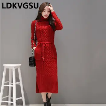 

2018 New Autumn Winter Fashion Women Turtleneck Thick Knitted Dress Slim Elegant Pockets Lady Sweater Dresses 8Colors Is1034