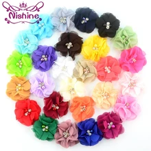 Nishine 10 шт./лот " 24 цвета DIY Мини шифоновые цветы с жемчугом Стразы для девочек цветы для волос повязка на голову аксессуары