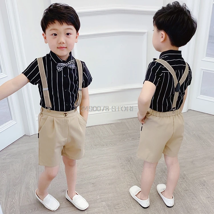 

Boys School Uniform Clothing Set Kids Formal Strap Shirt +Shorts Wedding Birthday Dress Children Piano Dance Performance Costume
