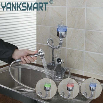 

Kitchen Faucet Kitchen LED Tap Sink Mixer Polished Chrome Brass Double Spouts 360 Degree Pull Out